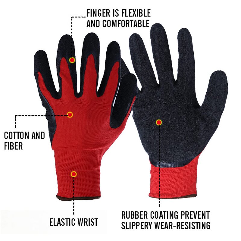 Latex Coated Construction Gloves Manufacturer - Custom Red Polyester Texture Wrinkle Black Palm Dipped for Work