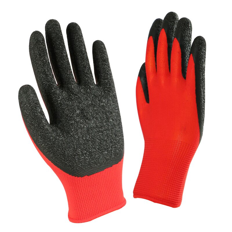 Red Polyester Shell Latex Work Gloves Manufacturer - 13G Black Crinkle Finish Custom Rubber Guantes De Trabajo
