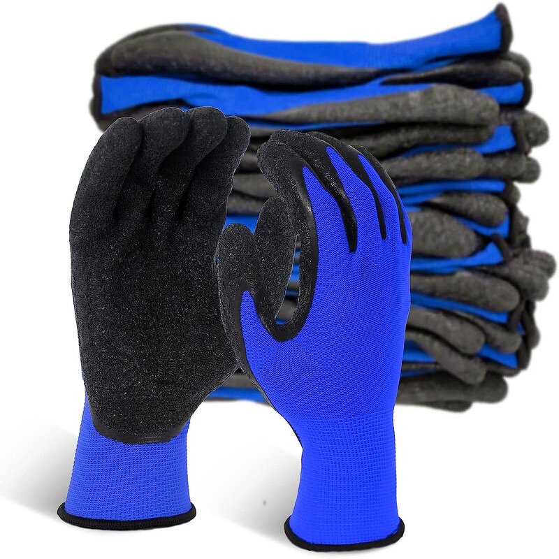 Polyester Latex Coated Work Gloves Manufacturer - 13G Blue Black Crinkle Finish Safety Personal Protective Equipment