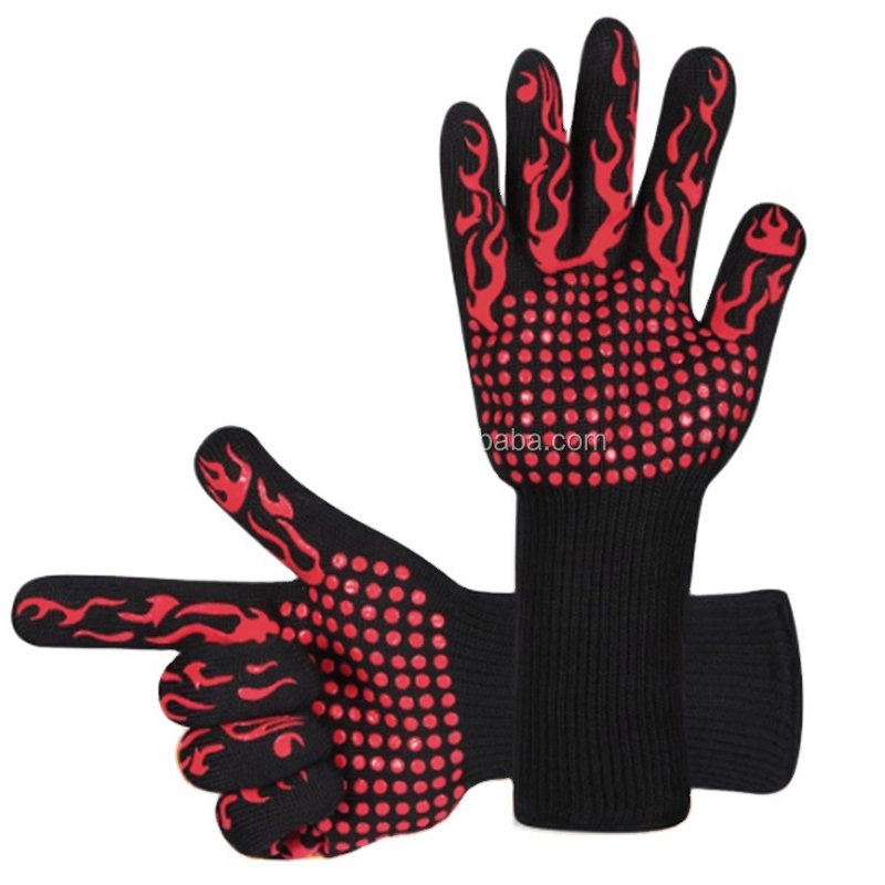 Silicone BBQ Grill Gloves Manufacturer - Custom Logo Extreme Heat Resistant Kitchen Cooking Safety Non-slip Printed Black