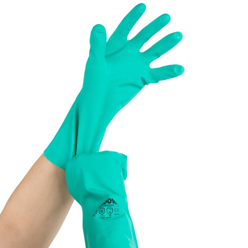 Flock Cotton Lined Nitrile Gloves Manufacturer - ZMSAFETY 15mil Waterproof and Chemical Resistant Industrial Embossed Green