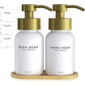Glass Kitchen Soap Dispenser Set Manufacturer - Hand and Dish with Gold Stainless Pump Bamboo Tray