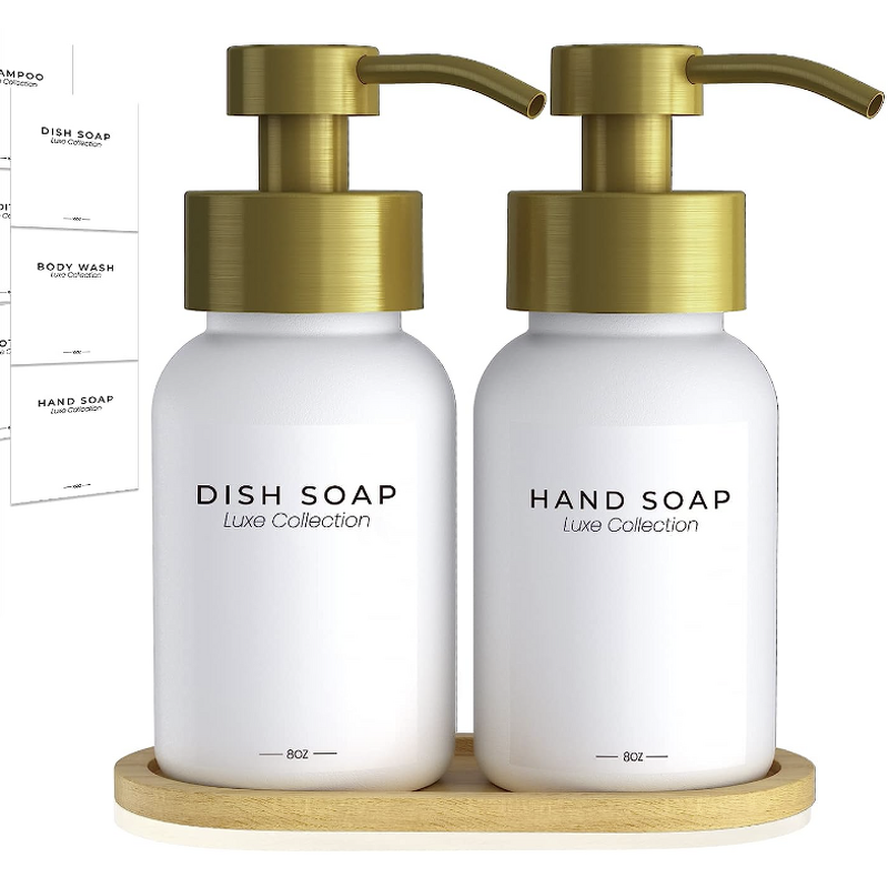 Glass Kitchen Soap Dispenser Set Manufacturer - Hand and Dish with Gold Stainless Pump Bamboo Tray