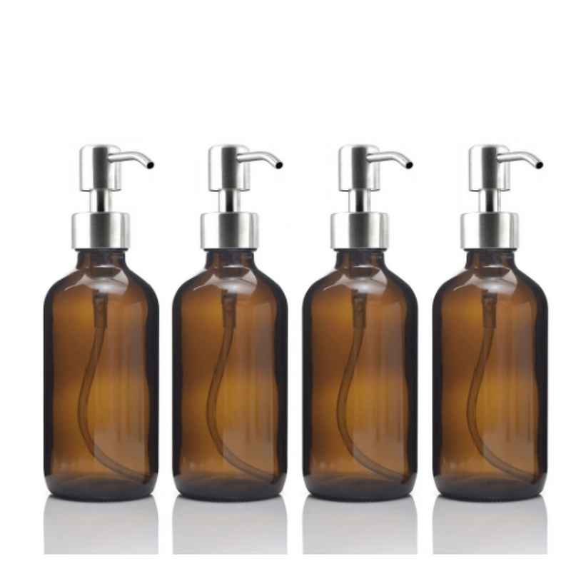Glass Boston Round Bottle Manufacturer - 4pcs 8 Oz Amber with Black Stainless Steel Pump for Kitchen Bathroom 250ml