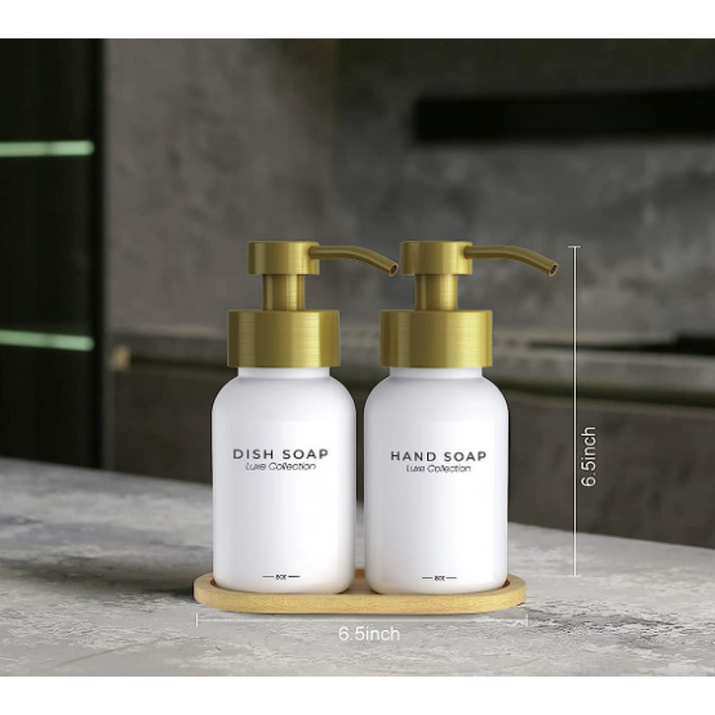 Glass Kitchen Soap Dispenser Set Manufacturer - Hand and Dish with Gold Stainless Pump Bamboo Tray