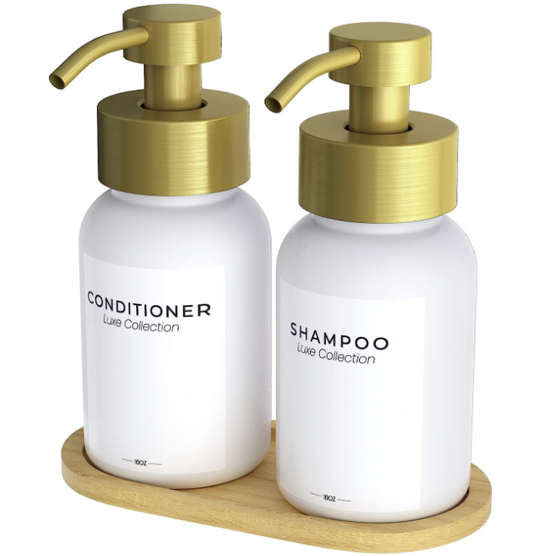 Glass Kitchen Soap Dispenser Set Manufacturer - Hand and Dish with Gold Stainless Pump Bamboo Tray