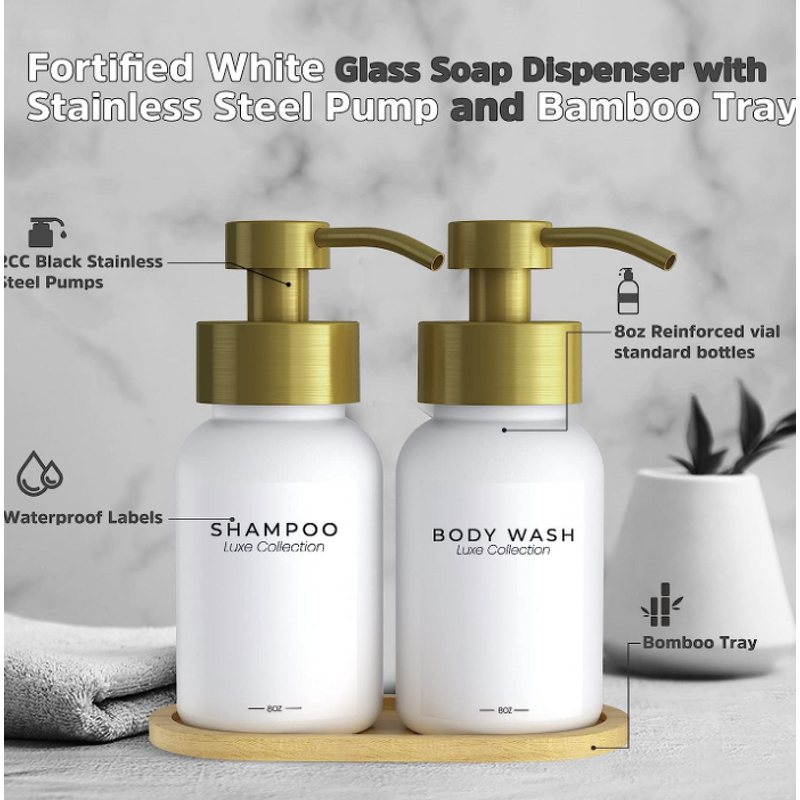 Glass Kitchen Soap Dispenser Set Manufacturer - Hand and Dish with Gold Stainless Pump Bamboo Tray