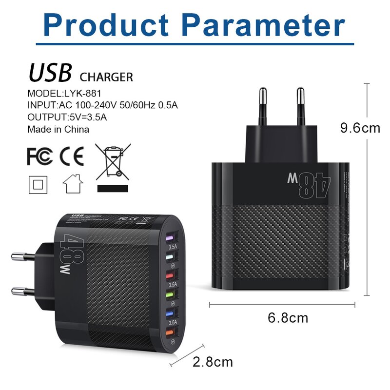 Wall Charger Manufacturer - 6-USB Interfaces Travel Charger with EU US Korea Plugs