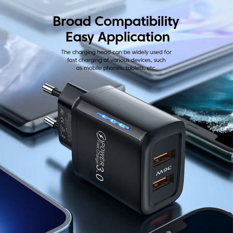 Wall Charger Manufacturer - 36W Dual USB QC3.0 Fast Charger for Samsung Xiaomi Huawei