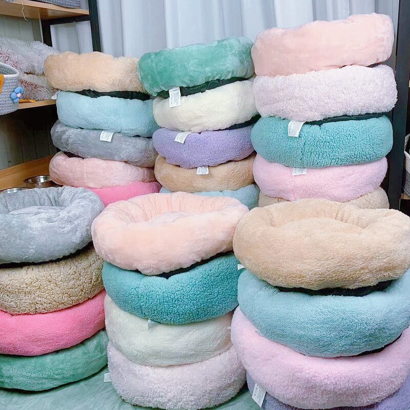 Pet Cushion Manufacturer - Soft Luxury Plush Pink Grey White Round Cat Dog Bed