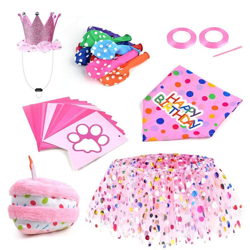 Dog Birthday Party Set Manufacturer - Pink Pet Birthday Banner Dress Skirt Bandana Crown Hat Balloon Cake