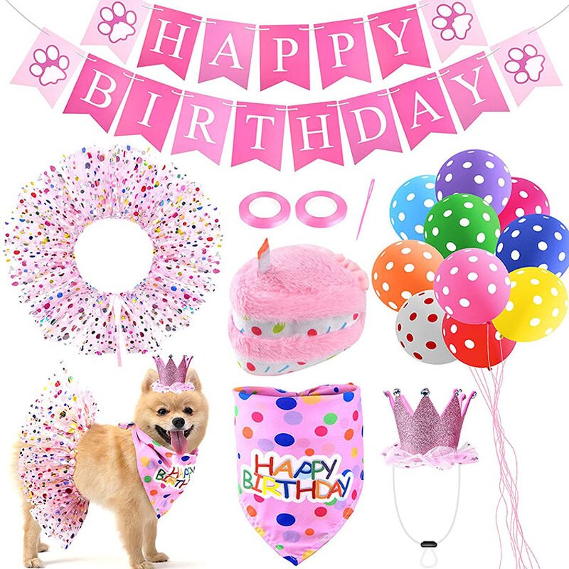 Dog Birthday Party Set Manufacturer - Pink Pet Birthday Banner Dress Skirt Bandana Crown Hat Balloon Cake