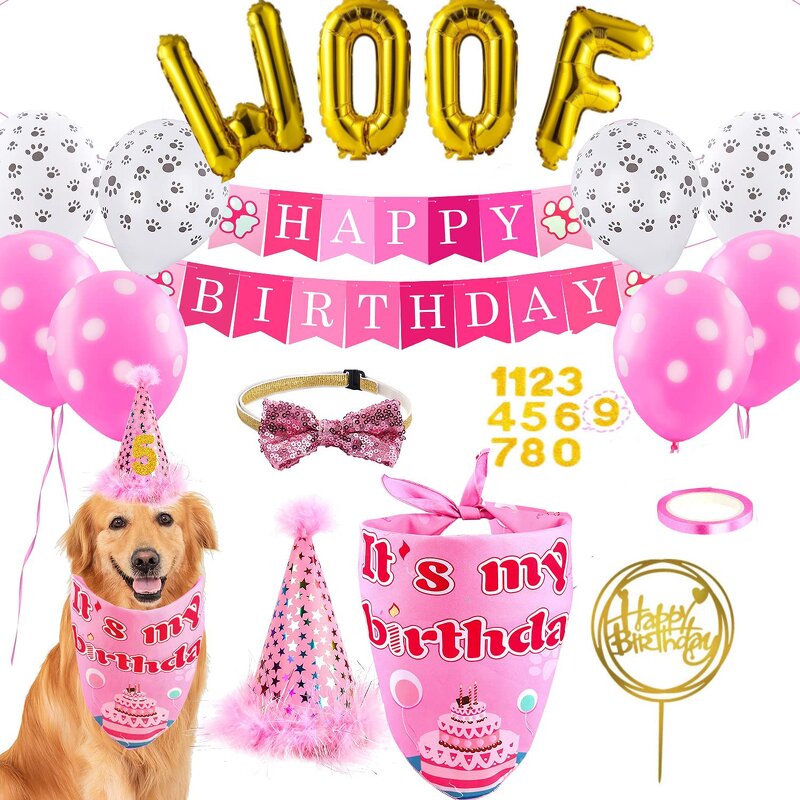Dog Birthday Decorations Manufacturer - Cute Pink Blue Woof Balloon Banner Hats Saliva Towels Cake Bow Tie Sets
