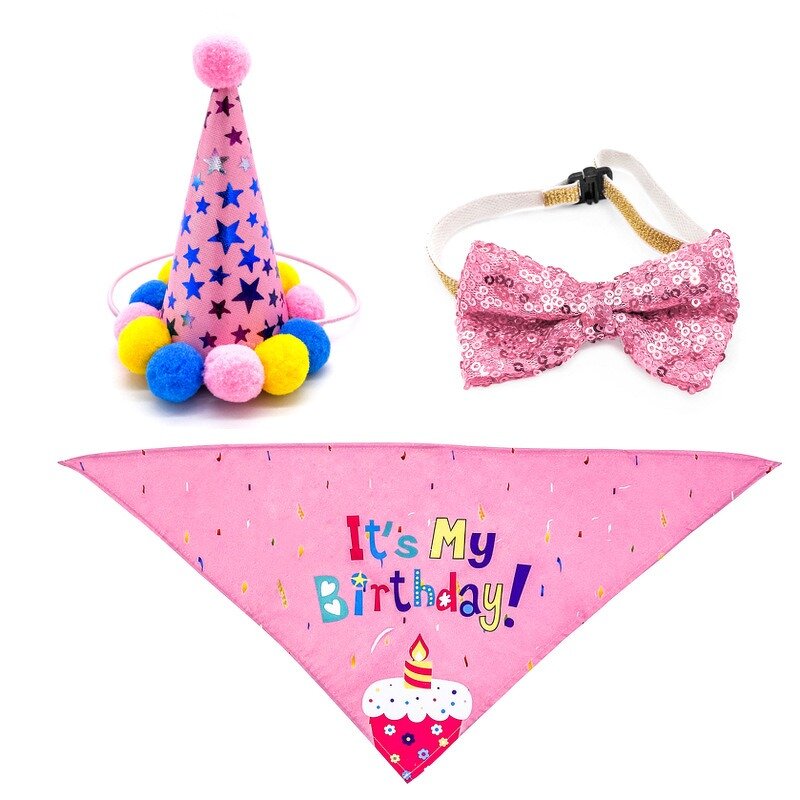 Dog Birthday Accessories Manufacturer - Luxury Three-Piece Set Happy Birthday Bandana Collar Party Hat Summer Polyester