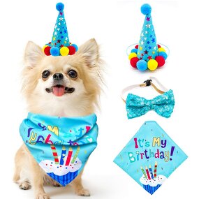 Dog Birthday Accessories Manufacturer - Luxury Three-Piece Set Happy Birthday Bandana Collar Party Hat Summer Polyester