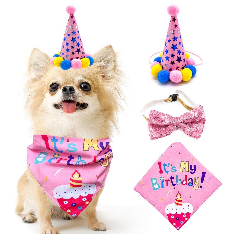Dog Birthday Accessories Manufacturer - Luxury Three-Piece Set Happy Birthday Bandana Collar Party Hat Summer Polyester