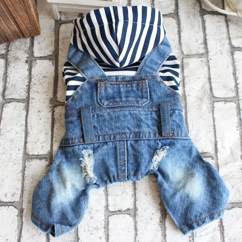 Dog Clothes Manufacturer - Four Seasons Striped Four-legged Denim Overalls Hooded Jean Cowboy Jacket
