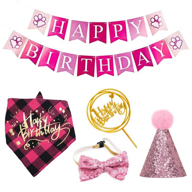 Dog Birthday Party Set Manufacturer - Luxury Polyester Paw Banner and Bandana Hat Printed Pattern Supplies