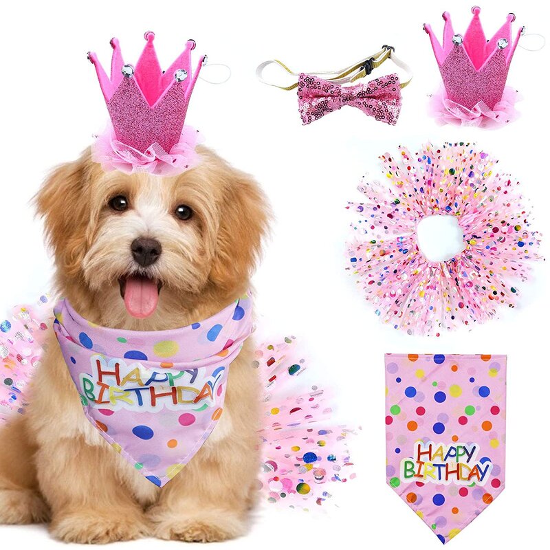 Dog Birthday Party Set Manufacturer - Pink Pet Birthday Banner Dress Skirt Bandana Crown Hat Balloon Cake