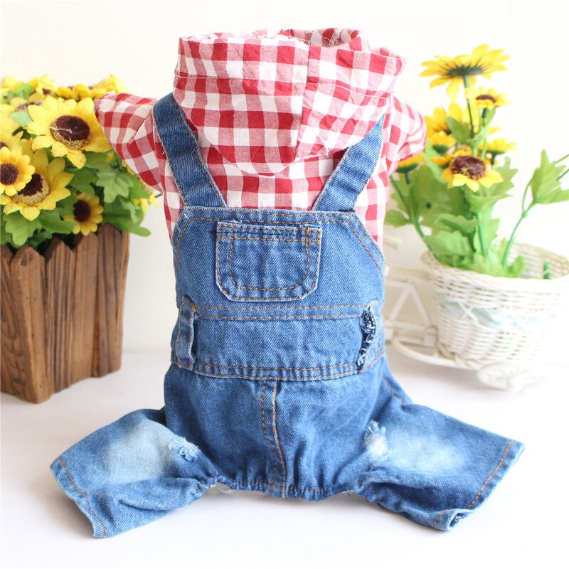 Dog Clothes Manufacturer - Four Seasons Striped Four-legged Denim Overalls Hooded Jean Cowboy Jacket