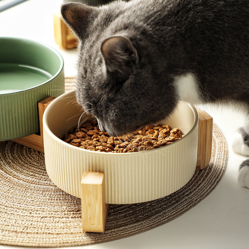 Pet Bowls Manufacturer - Ceramic Dog Cat Food Water Double with Wood Stand Eco-Friendly
