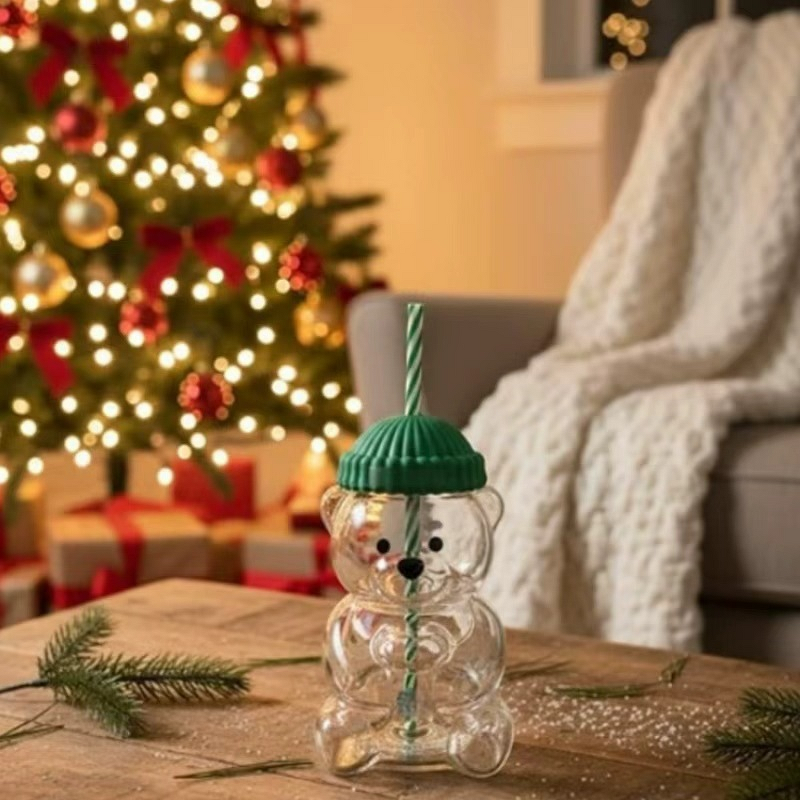 Glass Cup Manufacturer - 550ml Modern and Simple Design Holiday Teddy with Beanie Lid Baseball Cap Cover