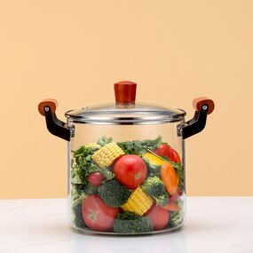 Glass Soup Stockpot Manufacturer - Modern Large 5.5L Borosilicate Transparent Design with Gas Cover Wood Hand Grip