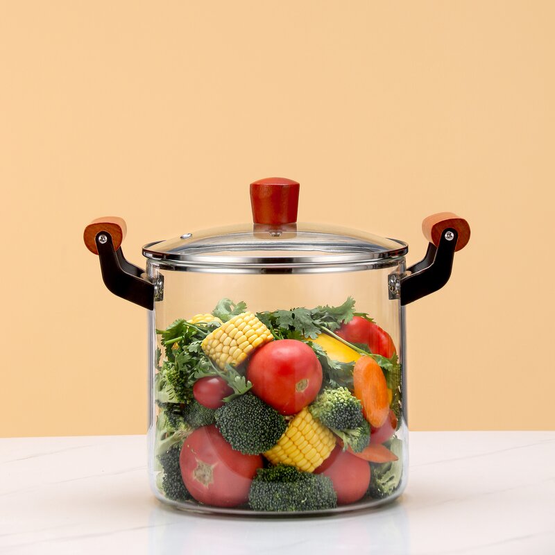 Glass Soup Stockpot Manufacturer - Modern Large 5.5L Borosilicate Transparent Design with Gas Cover Wood Hand Grip