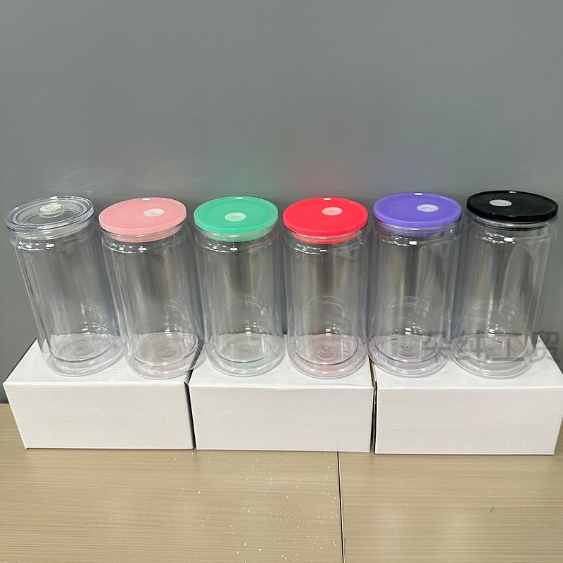 Plastic Mason Cup Manufacturer - 16oz Double-Layer Beer Can Shape PP with Lid and Straw Shimmer Colorful Snow Foam