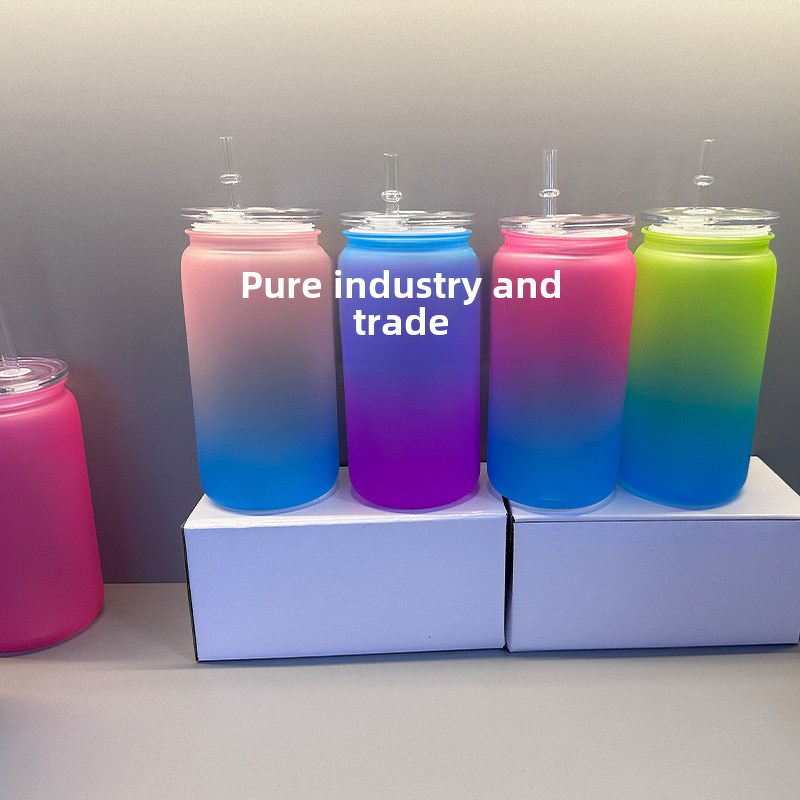 Plastic Mason Straw Cup Manufacturer - 16oz Modern Gradient Coke Can Design Anti-Drop Spray Color for Party Drinking