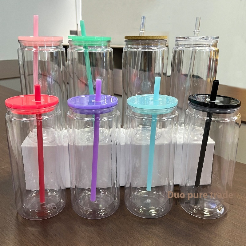 Plastic Mason Cup Manufacturer - 16oz Double-Layer Beer Can Shape PP with Lid and Straw Shimmer Colorful Snow Foam