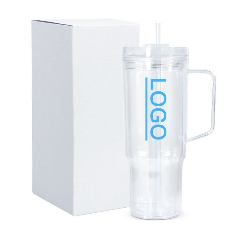 PS Plastic Straw Cup Manufacturer - Custom Pattern 24oz Double-Layer Perforated with Flat Lid Transparent Dishwasher Safe