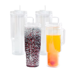 PS Plastic Straw Cup Manufacturer - Custom Pattern 24oz Double-Layer Perforated with Flat Lid Transparent Dishwasher Safe