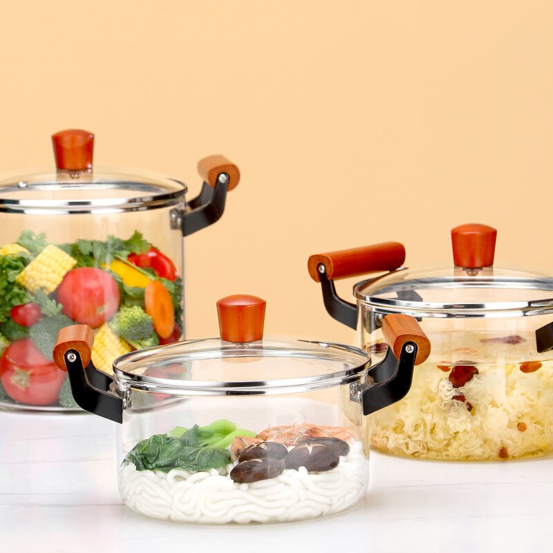 Glass Soup Pot Manufacturer - Custom JDSR 1.2L with Heat Resistant Wood Handles Modern Design for Gas Cooker