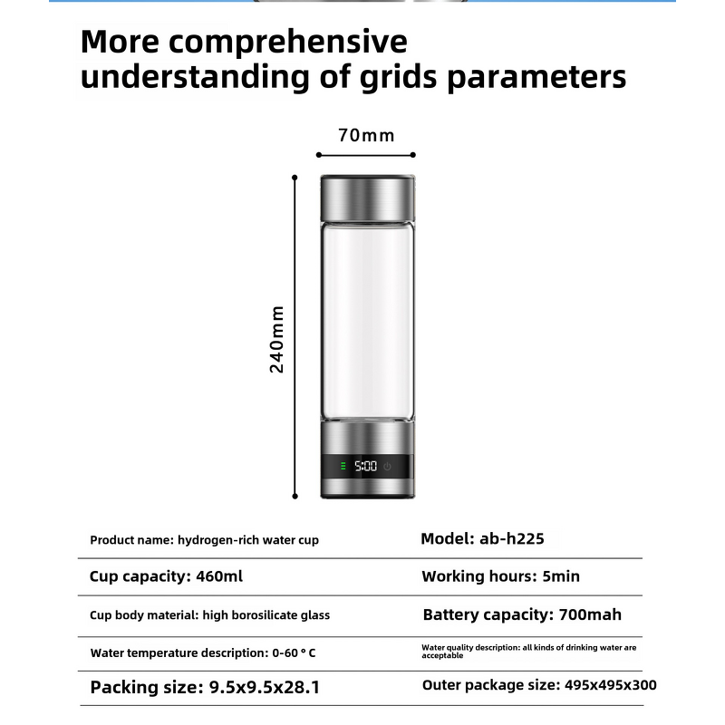 Hydrogen-Rich Water Separator Manufacturer - 460ml Mini Smart Transparent Eco-friendly Glass Travel Mug LED Digital