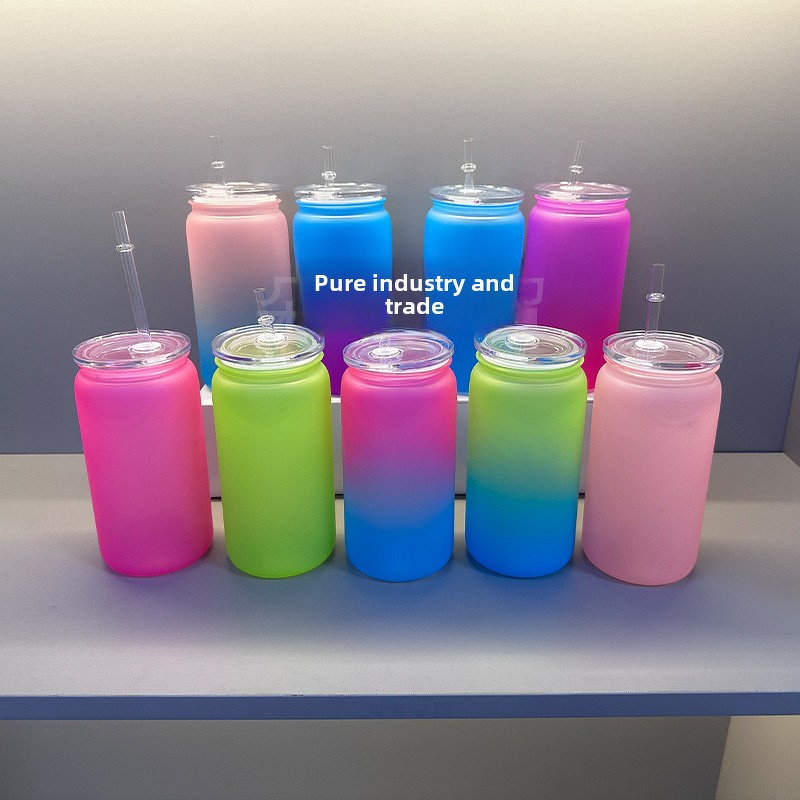 Plastic Mason Straw Cup Manufacturer - 16oz Modern Gradient Coke Can Design Anti-Drop Spray Color for Party Drinking