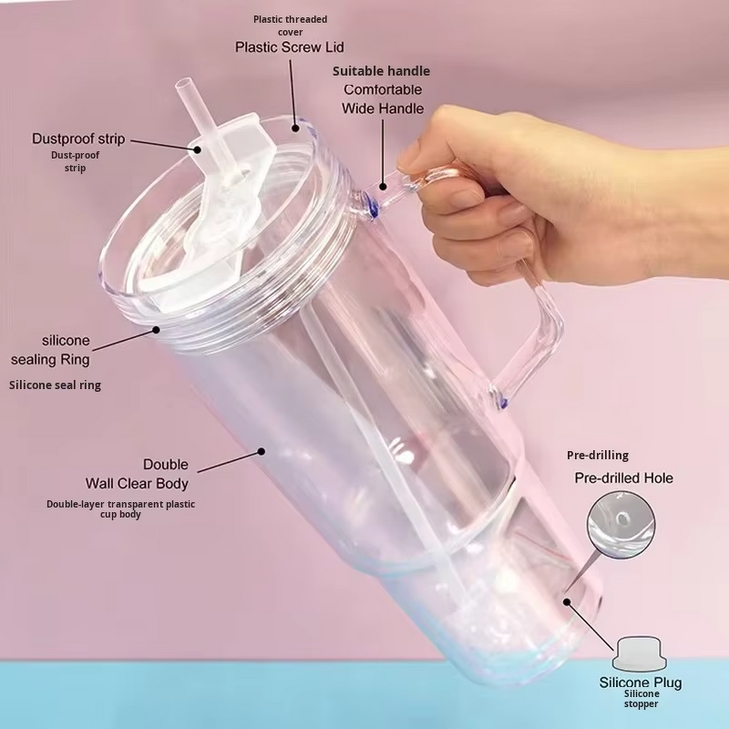 PS Plastic Straw Cup Manufacturer - Custom Pattern 24oz Double-Layer Perforated with Flat Lid Transparent Dishwasher Safe