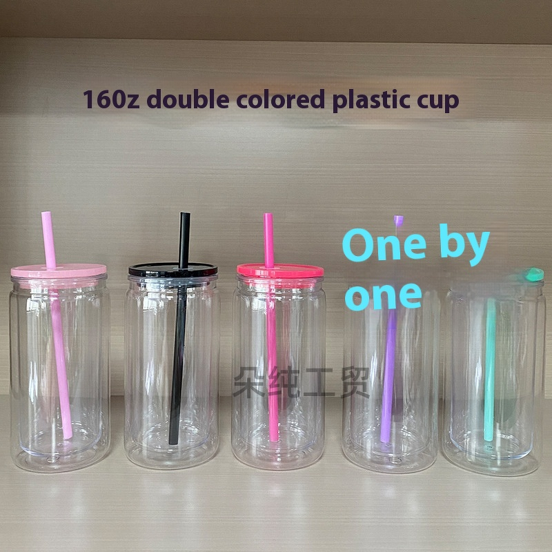 Plastic Mason Cup Manufacturer - 16oz Double-Layer Beer Can Shape PP with Lid and Straw Shimmer Colorful Snow Foam