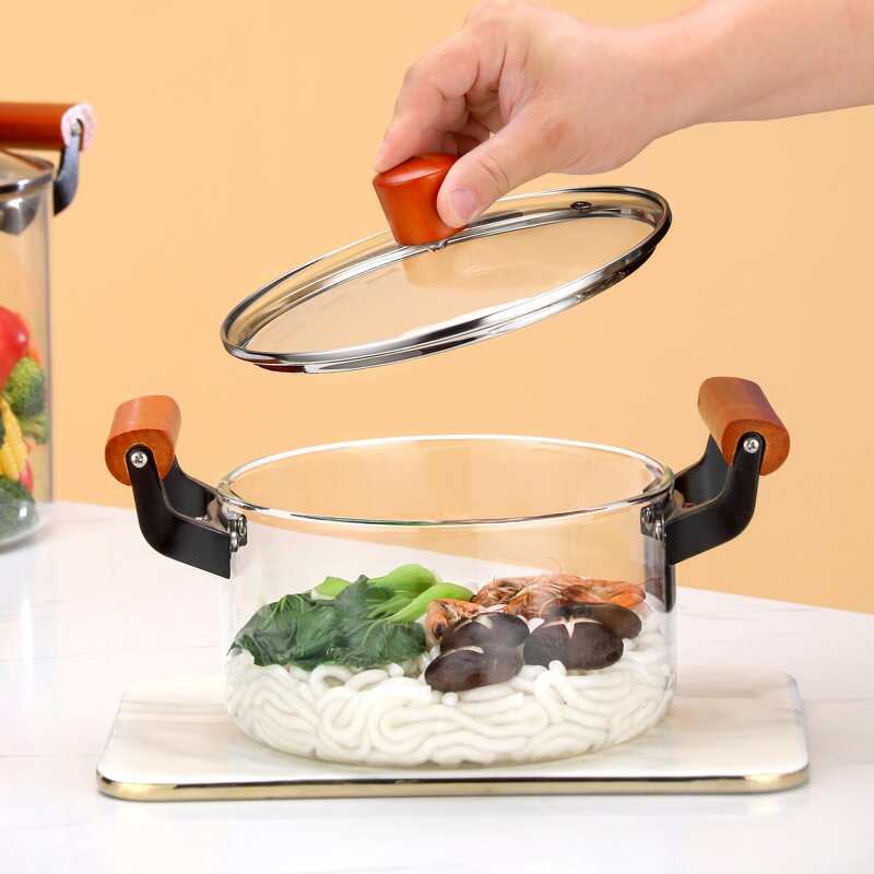 Glass Soup Pot Manufacturer - Custom JDSR 1.2L with Heat Resistant Wood Handles Modern Design for Gas Cooker