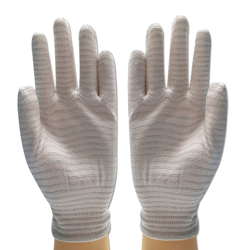 ESD Gloves Manufacturer - Anti Static Carbon Yarn Striped PVC Dotted PU Finger Top Coated