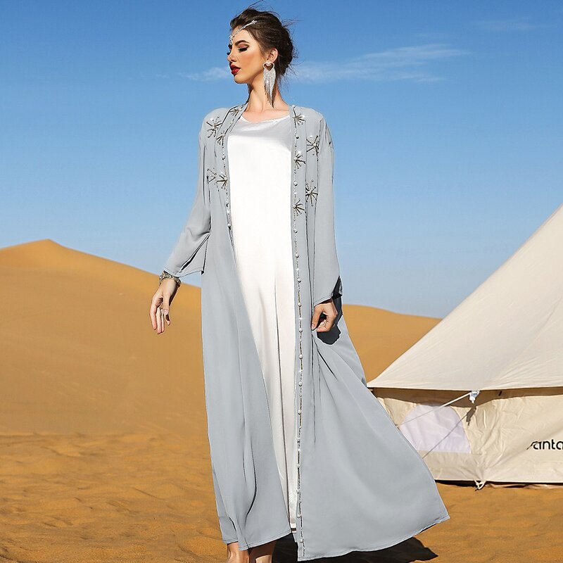 Arab Cardigan Dress Manufacturer - New Arrival Solid Color Handmade Sewing Diamond Travel Robe
