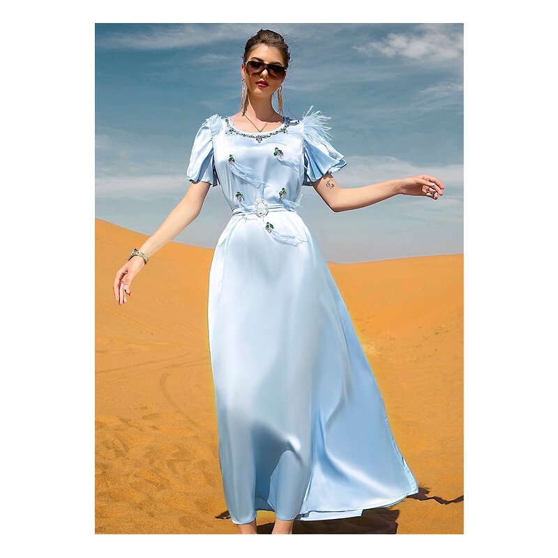 Muslim Style Dress Manufacturer - Light Blue Satin Surface Lotus Leaf Feather Hand Sewing