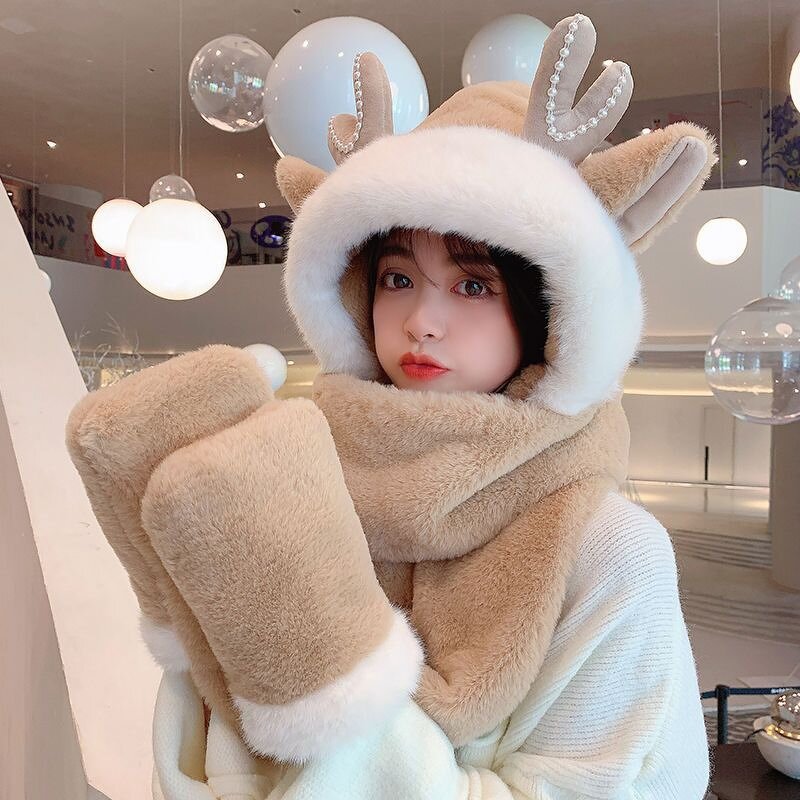 Winter Plush Bib Cap Manufacturer - Sweet Cute Rabbit Ears Warm Scarf Gloves Set