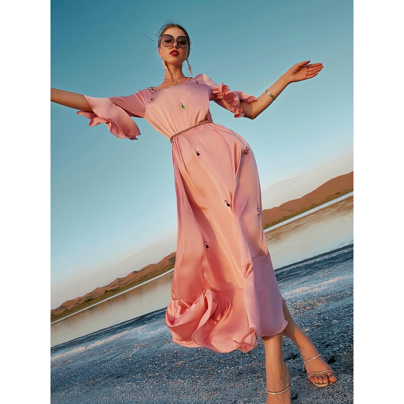 Dress Manufacturer - New Style Peach pink Handmade Diamond Connecting Belt Lotus Leaf Border