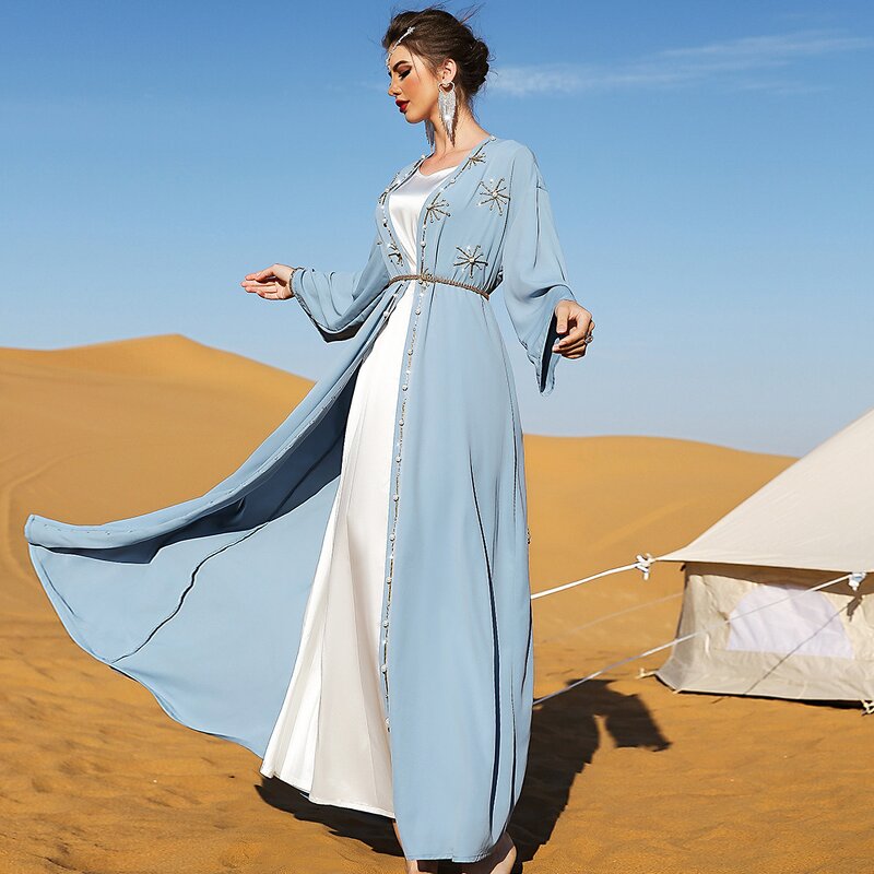Arab Cardigan Dress Manufacturer - New Arrival Solid Color Handmade Sewing Diamond Travel Robe