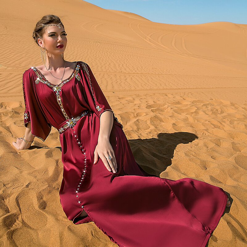 Middle East Party Dress Manufacturer - Wine Red Shoulder Free Hand Sewn Diamond Design Polyester