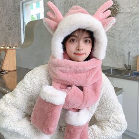 Winter Plush Bib Cap Manufacturer - Sweet Cute Rabbit Ears Warm Scarf Gloves Set