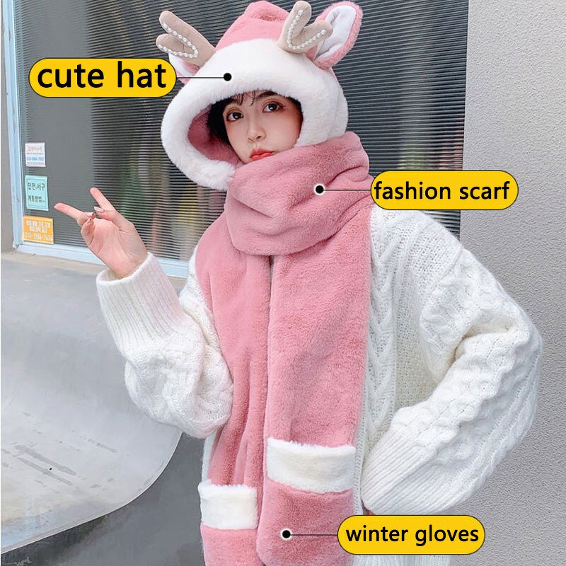 Winter Plush Bib Cap Manufacturer - Sweet Cute Rabbit Ears Warm Scarf Gloves Set