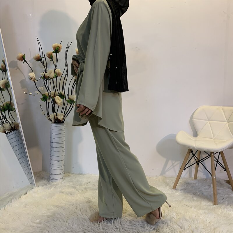 Islamic Women Abaya Set Manufacturer - Wholesale 2pcs Long Sleeve Tops High Waist Pants Robe