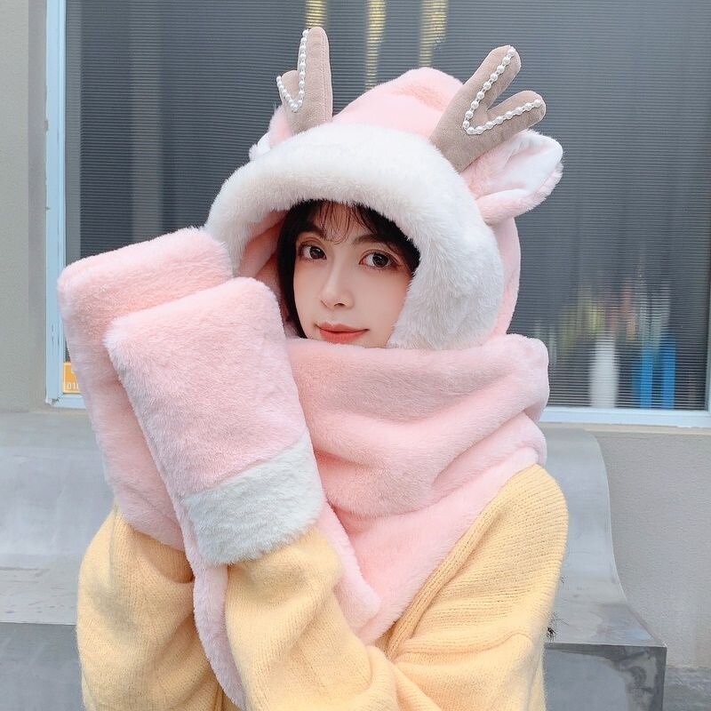 Winter Plush Bib Cap Manufacturer - Sweet Cute Rabbit Ears Warm Scarf Gloves Set